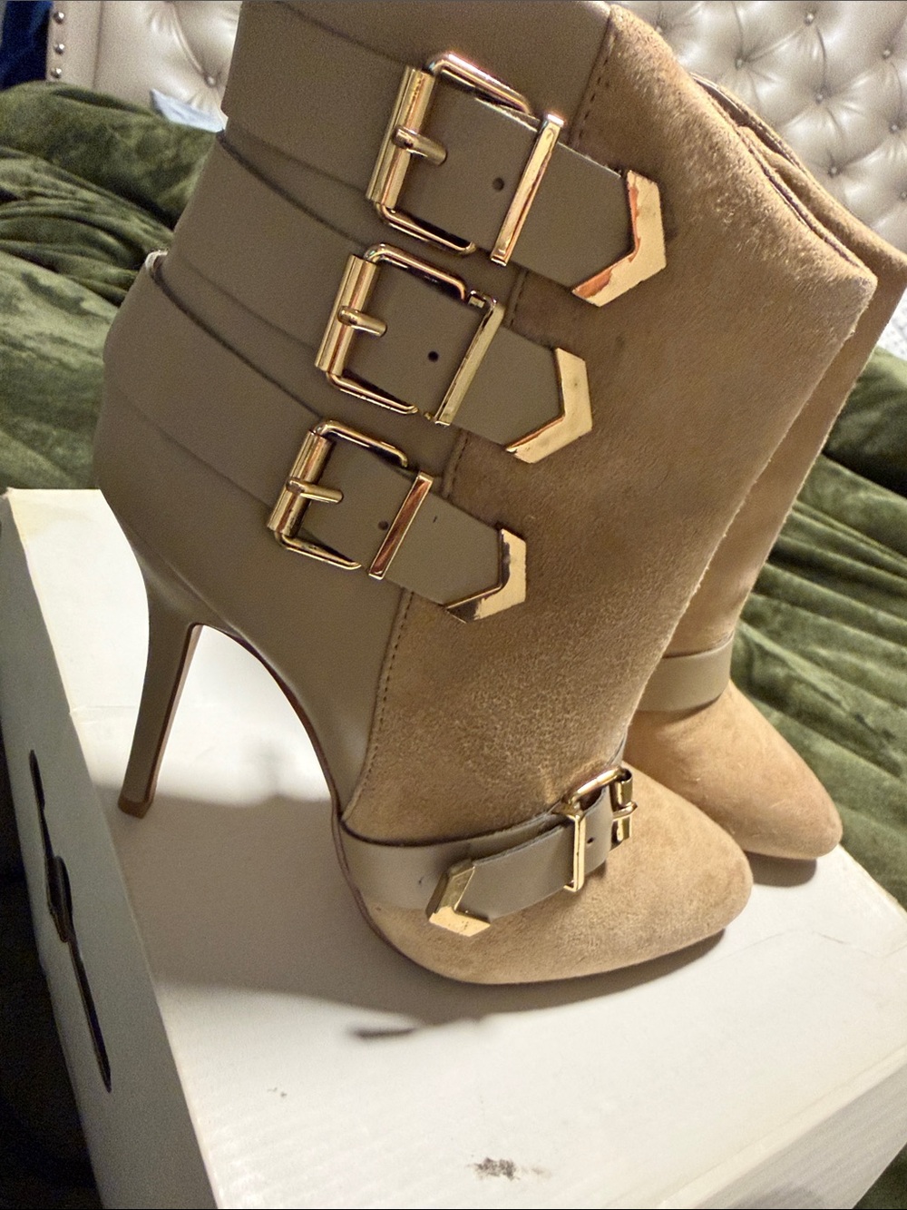 Aldo Taupe Suede & Leather Buckle Stiletto Ankle Boots